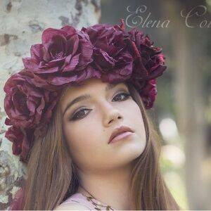 Elena Collection Floral Crown Headband in Deep Plum